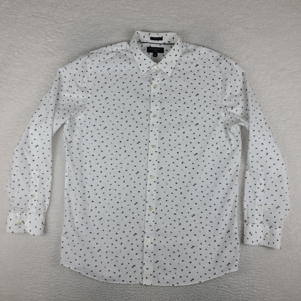 Banana Republic Shirt Mens XL Black‎ White Floral Slim Fit Non Iron Button Up